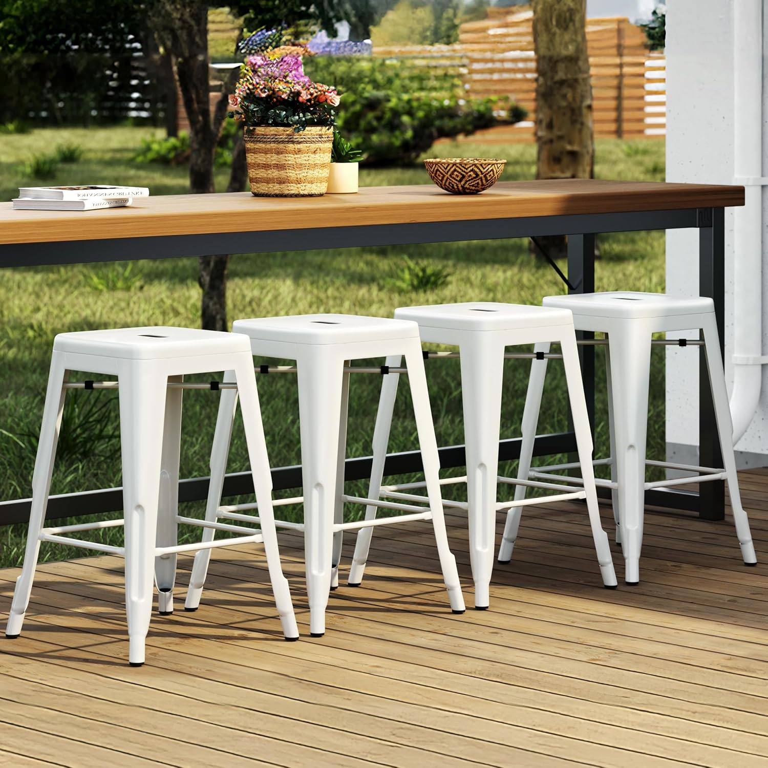 Yaheetech 24 Inch Metal Bar Stools Set of 4, Stackable Bar Chairs, White | No Assembly Counter Height Barstools with Footrest, 330 lb Load Capacity Patio Stools For Kitchen, Bar, Indoor & Outdoor Use