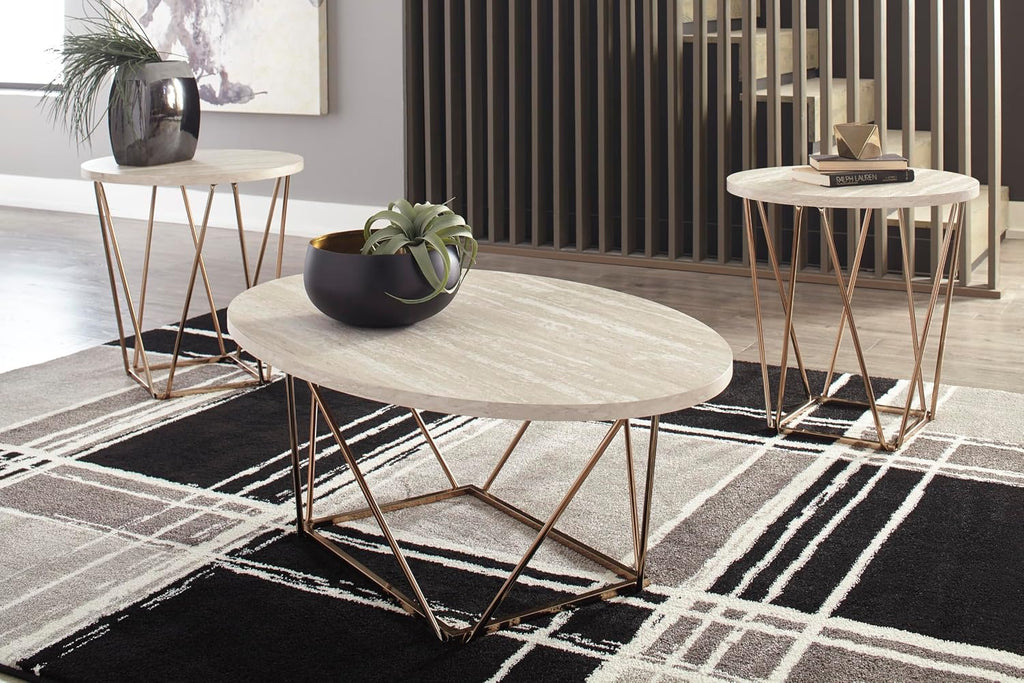 GTU Furniture Contemporary Faux Marble Rectangular 3-Piece Coffee Table Set, Cocktail Table with 2 Matching End Tables, Two-Tone Finish for Living Room