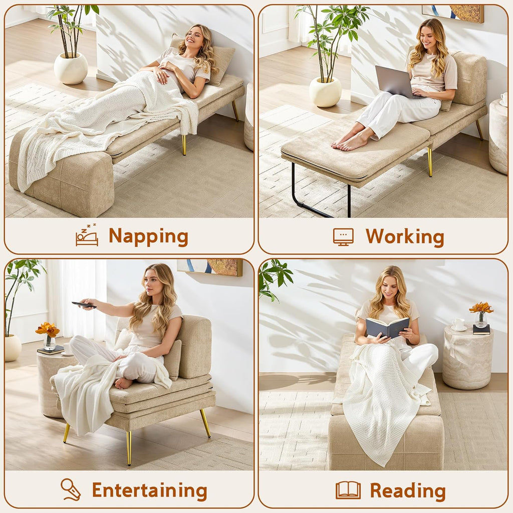 wanan 3-in-1 Convertible Sleeper Chair Bed, Futon Sofa Chair with Back Support & Pillow, Comfy Reading Chair for Adults with Solid Wood Frame & Sturdy Metal Legs for Living Room, Bedroom, Beige