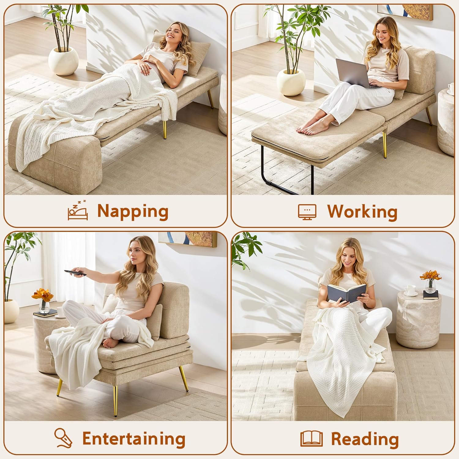 wanan 3-in-1 Convertible Sleeper Chair Bed, Futon Sofa Chair with Back Support & Pillow, Comfy Reading Chair for Adults with Solid Wood Frame & Sturdy Metal Legs for Living Room, Bedroom, Beige