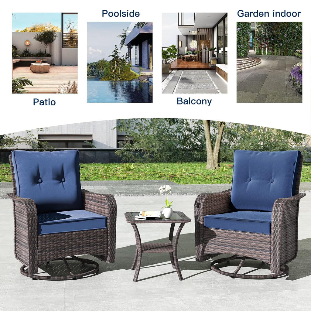 Kullavik 5 Pieces Outdoor Swivel Chairs Set,Patio Wicker Rocker Chairs with 4" Thick Cushions,Side Table and Ottomans,Patio Conversation Furniture Set for Patio Porch Deck Backyard,NavyBlue