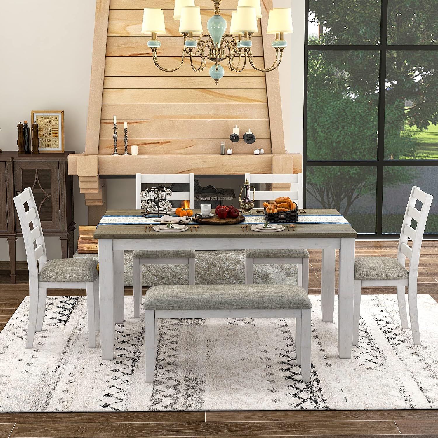 Harper & Bright Designs Rustic 6-Piece Dining Set with Table, 4 Upholstered Chairs & Bench | Farmhouse Kitchen Table Set for Dining Room (Brown + Whitewash)