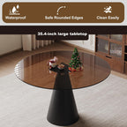 35 Inch Round Glass Dining Table, 8mm Tempered Glass Tabletop with Carbon Steel Legs, Dark Brown Modern Small Dining Table for 2-4 People, Perfect for Apartment, Restaurant, Cafe and Meeting Room