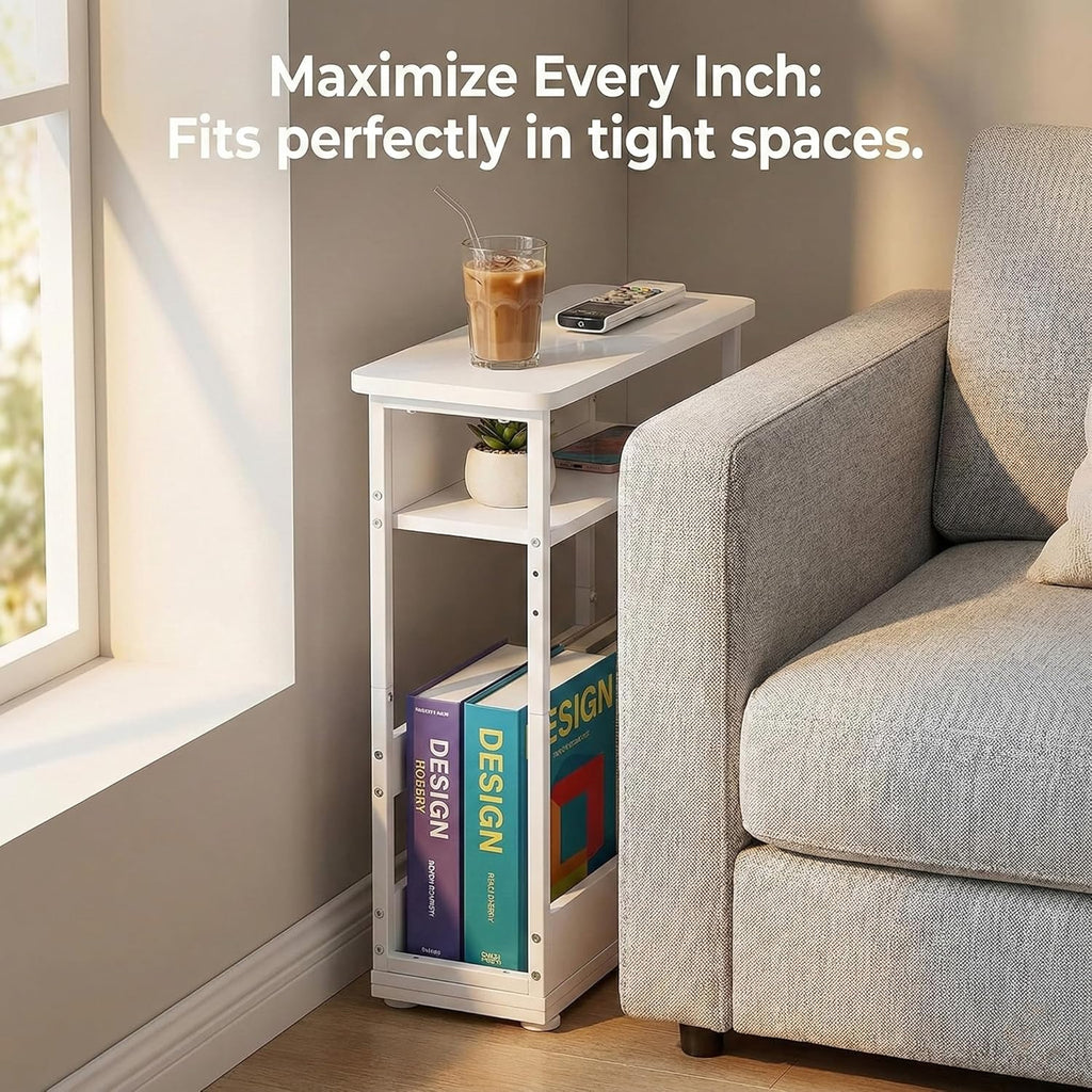 Narrow Side Table,3-Tier Slim End Table with Storage Shelf,Modern Sofa Table Thin Side Table for Narrow and Small Spaces, Skinny Bedside Table Small Nightstand with Magazine Rack Space Saving/White