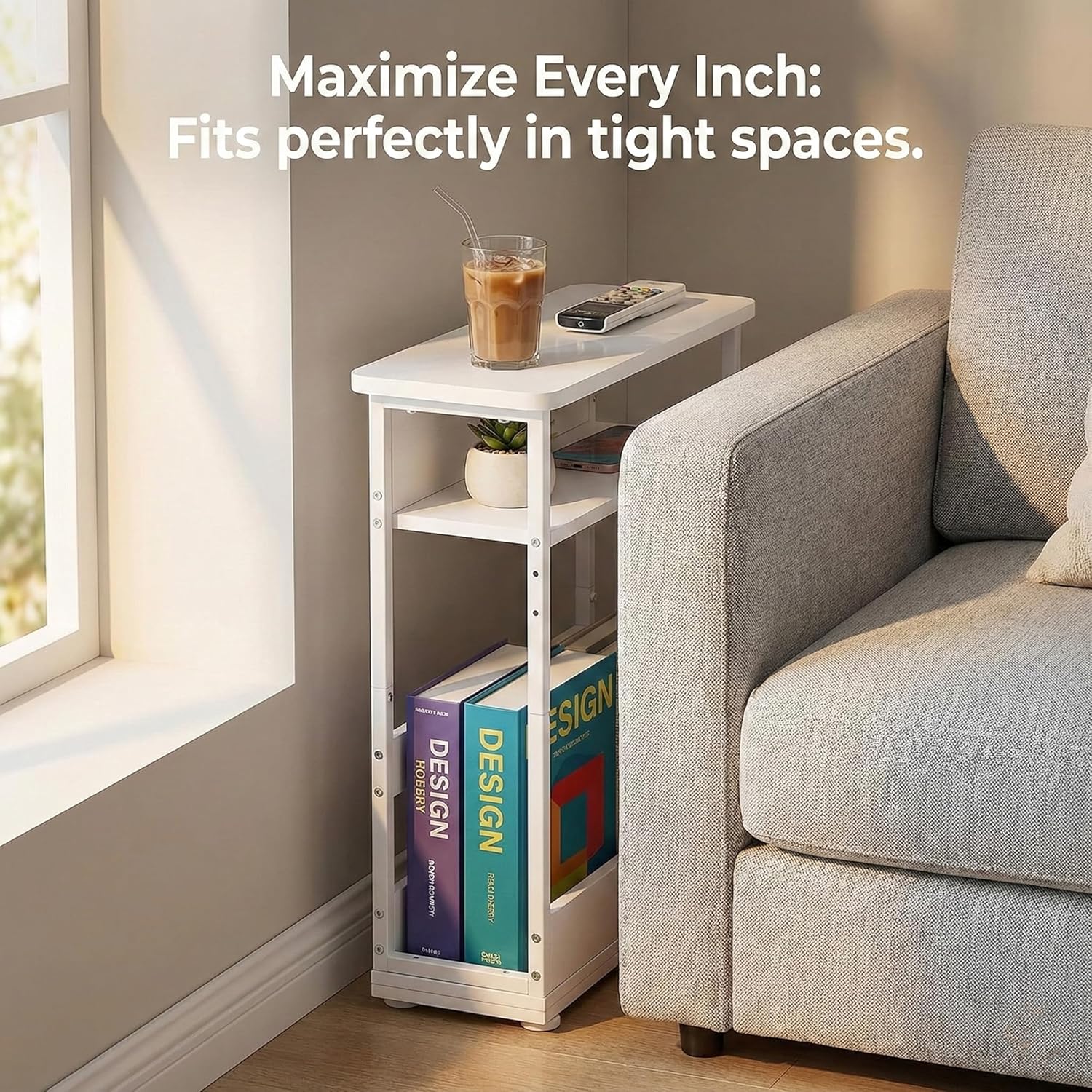 Narrow Side Table,3-Tier Slim End Table with Storage Shelf,Modern Sofa Table Thin Side Table for Narrow and Small Spaces, Skinny Bedside Table Small Nightstand with Magazine Rack Space Saving/White