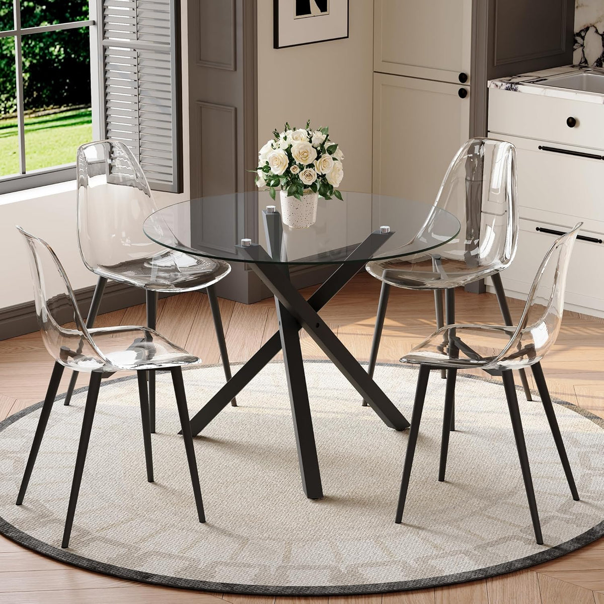 Round Dining Table Set for 4, 39" Glass Dining Table Set with Black Adjustable X-Shaped Metal Leg&4 Clear Acrylic Chairs with Chrome Legs, Small Space-Saving Table Set Ideal for Kitchen, Dining Room