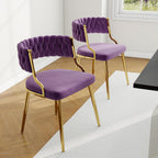 Velvet Dining Chairs Set of 2, Upholstered Dining Chair for Living Room, Modern Woven Kitchen Side Seats with Golden Legs, Great for Bedroom Kitchen Vanity - Purple