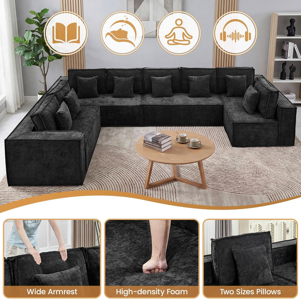 167'' Chenille U Shaped Couch, Oversized Modular Sectional 8 Seater Sofa, Modern Deep Seat Corner Cloud Compressed Couch, No Assembly Sleeper Sofa with Chaise for Living Room, Black