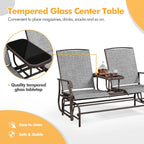 Yaheetech Outdoor Glider Bench Patio Loveseat with Table, Gray | Steel frame, Texteline fabric and tempered glass table provide comfort, easy assembly, and roomy two-person outdoor seating.