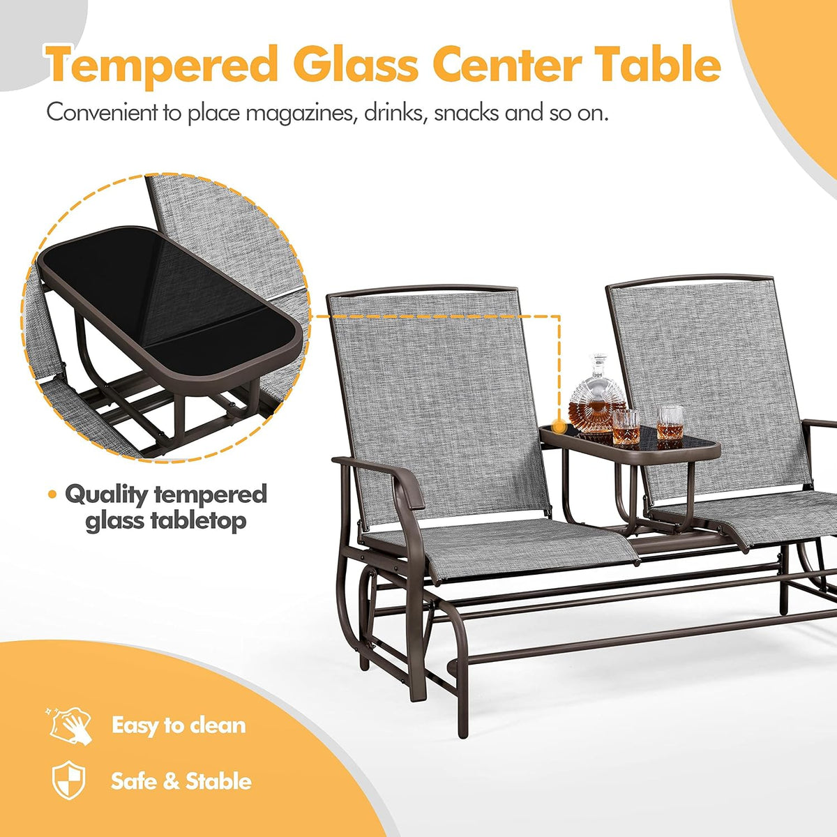 Yaheetech Outdoor Glider Bench Patio Loveseat with Table, Gray | Steel frame, Texteline fabric and tempered glass table provide comfort, easy assembly, and roomy two-person outdoor seating.