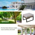 LOKATSE HOME Patio Ottoman Wicker Outdoor Footstool Rest Small Seat Rattan Furniture Cushioned Coffee Table Steel U-Shape Legs for Garden Yard Lawn Deck Poolside