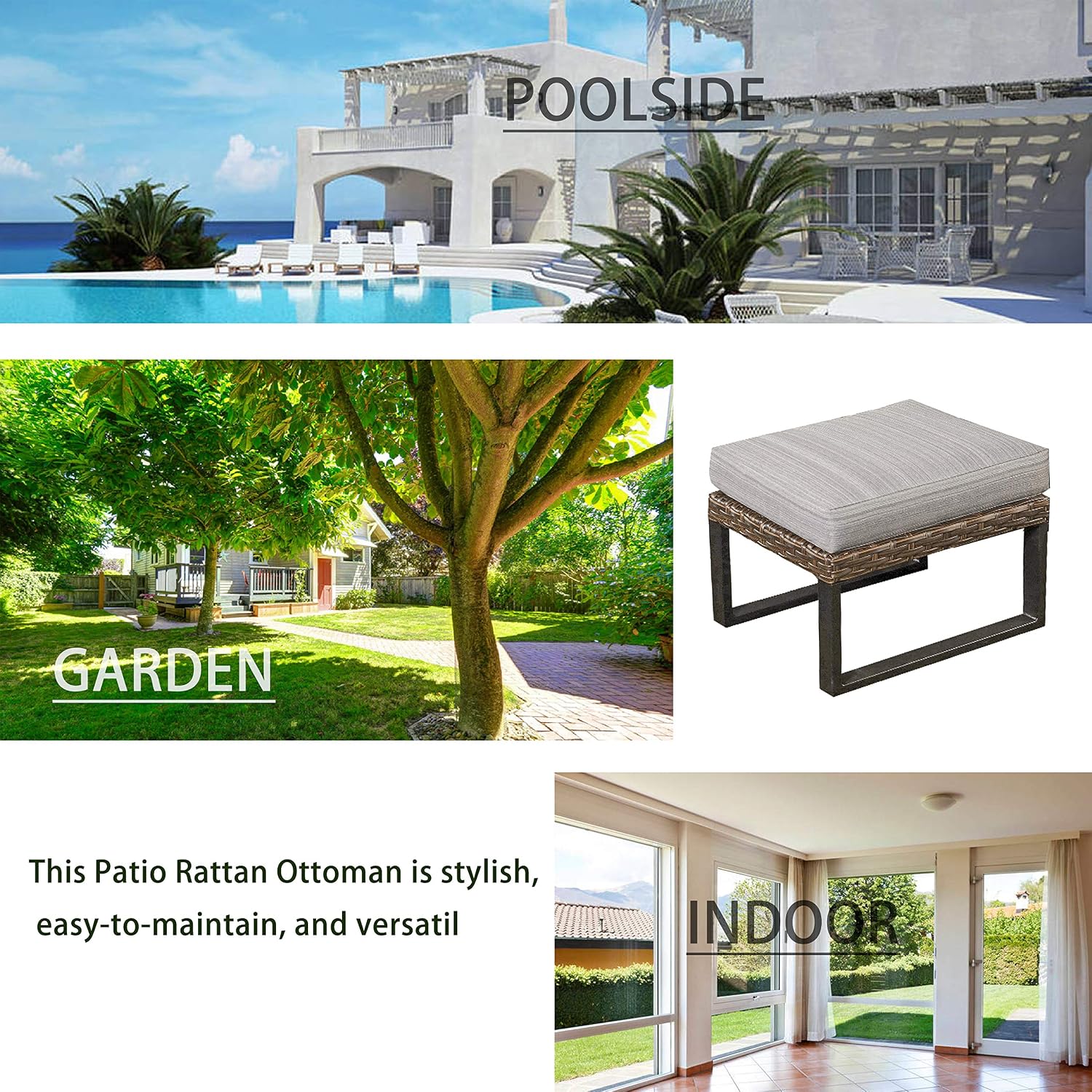 LOKATSE HOME Patio Ottoman Wicker Outdoor Footstool Rest Small Seat Rattan Furniture Cushioned Coffee Table Steel U-Shape Legs for Garden Yard Lawn Deck Poolside
