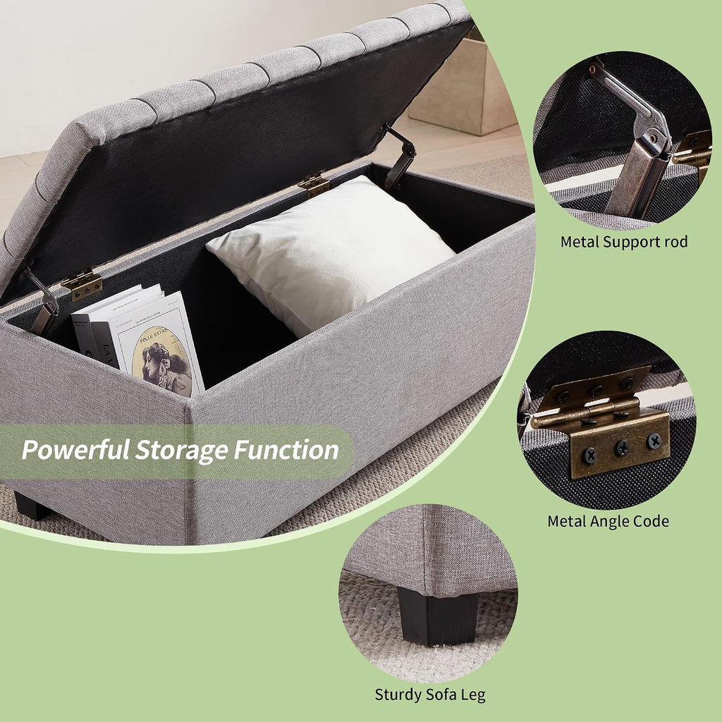 38-inch Grey Fabric Storage Ottoman Bench with Hinged Lid - Long End of Bed Bench for Bedroom, Living Room & Entryway, Footrest Seat Trunk