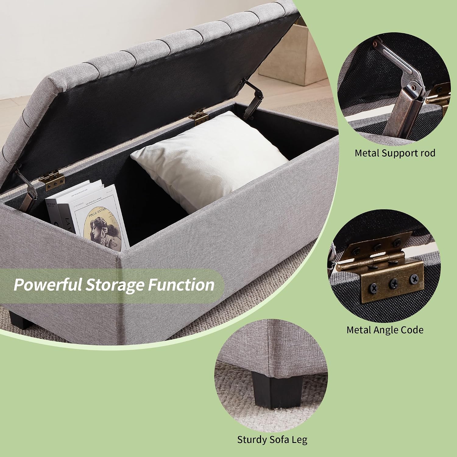38-inch Grey Fabric Storage Ottoman Bench with Hinged Lid - Long End of Bed Bench for Bedroom, Living Room & Entryway, Footrest Seat Trunk