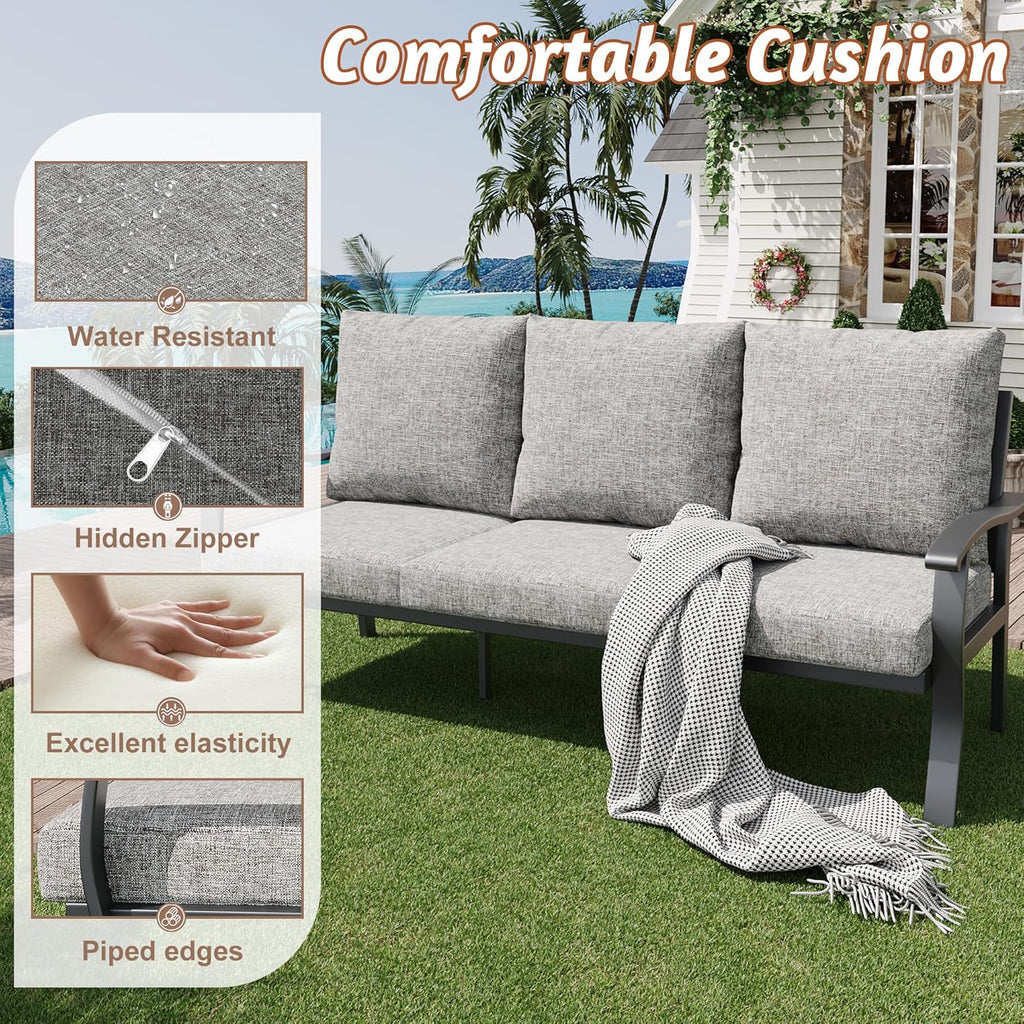 HOMREST Outdoor Couch Aluminum Patio Furniture Sofa, 3-Seat All-Weather Metal Outdoor Patio Furniture with Cushions, Grey