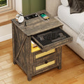 Farmhouse Night Stand with Gun Drawer, Bedside Table with Charger Station, LED Nightstand with Human Sensor Light, Smart End Table for Bedroom Livingroom, Rustic