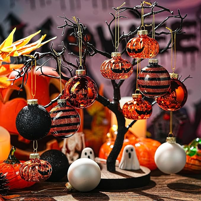 Halloween Tree Ornament Decorations Indoor, 12-Pack Pumpkin Decorative Hanging Ball Ornaments Set for Halloween Christmas Tree, Holiday Party Indoor Home Decor