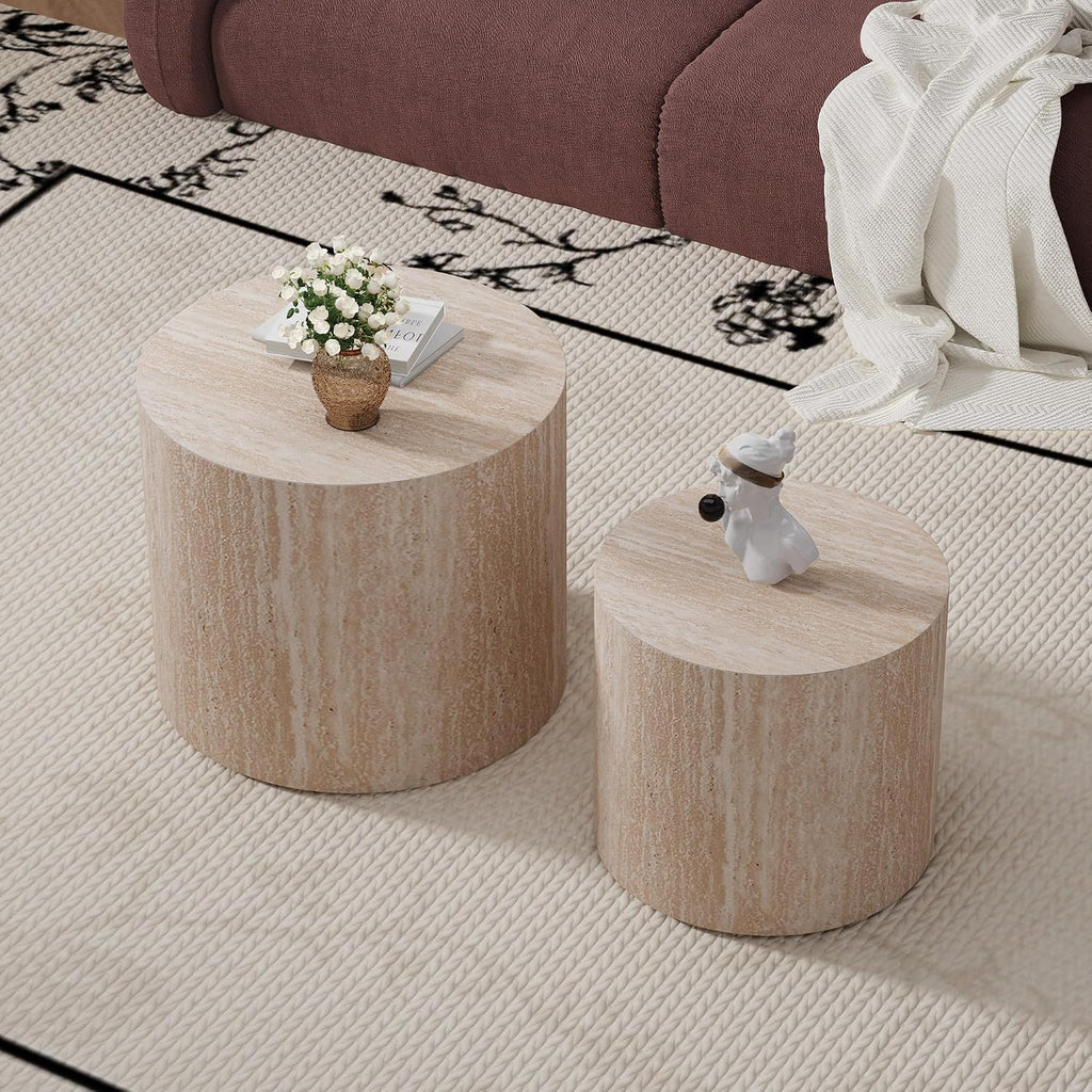 WXFKLDJ Round Nesting Coffee Table Set of 2, Wood Side Table, Travertine | Modern Handcraft Drum Coffees Table, Farmhouse Style End Table, for Living Room Small Spaces, No Assembling