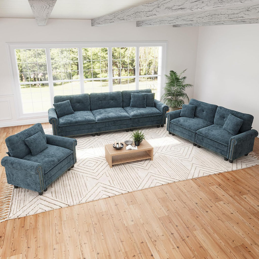 SUNSHINE VALLEY Modular Sectional Sofa Set Living Room 3-Piece Deep Seats | Mid-Century Modern 6-Seater Cloud Couch Set, Cyan, Rolled Arms & Nailhead Trim, Wider & Deeper Seats, Chenille Furniture Set