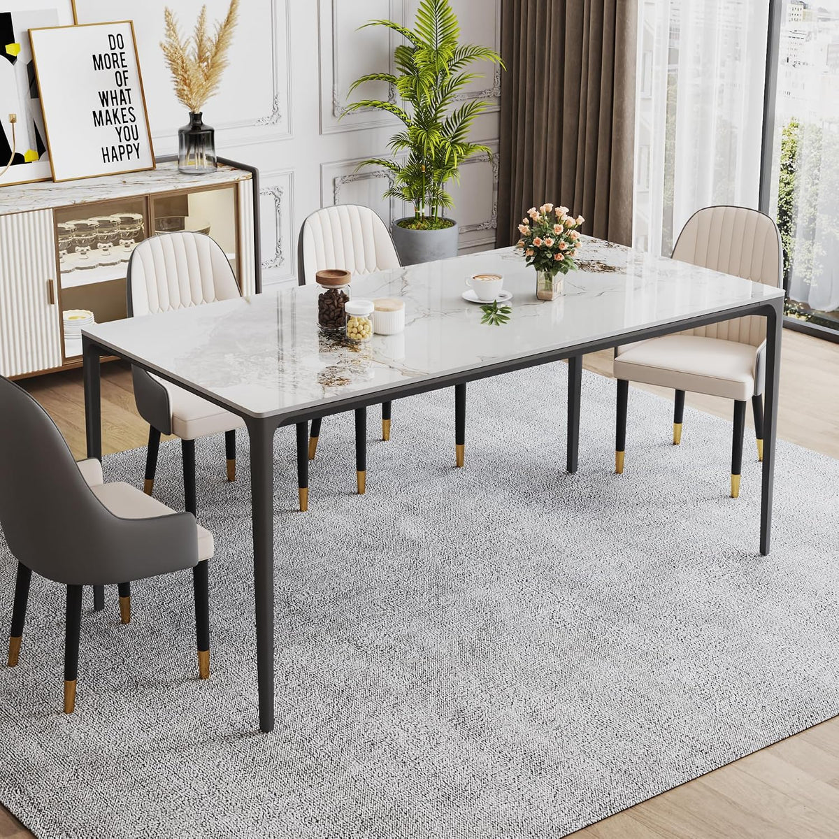 63" Dining Table with Laminate Marble Sintered Stone White Tabletop and Metal Legs, Kitchen Table, Dining Room Table for 4-6 People, Scratch Resistant, Easy to Clean