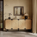 Handwoven Seagrass Doors Sideboard, 59 Inch Boho TV Stand Media Console Buffet Cabinet with Solid Wood Legs, Black and Natural Finish for Dining Room, Living Room, Entryway Storage