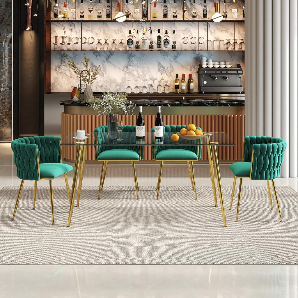 Baysitone 63" Modern Glass Dining Table with 4 Green Velvet Dining Chairs, Gold Metal Legs - Stylish 5-Piece Dining Set for Home