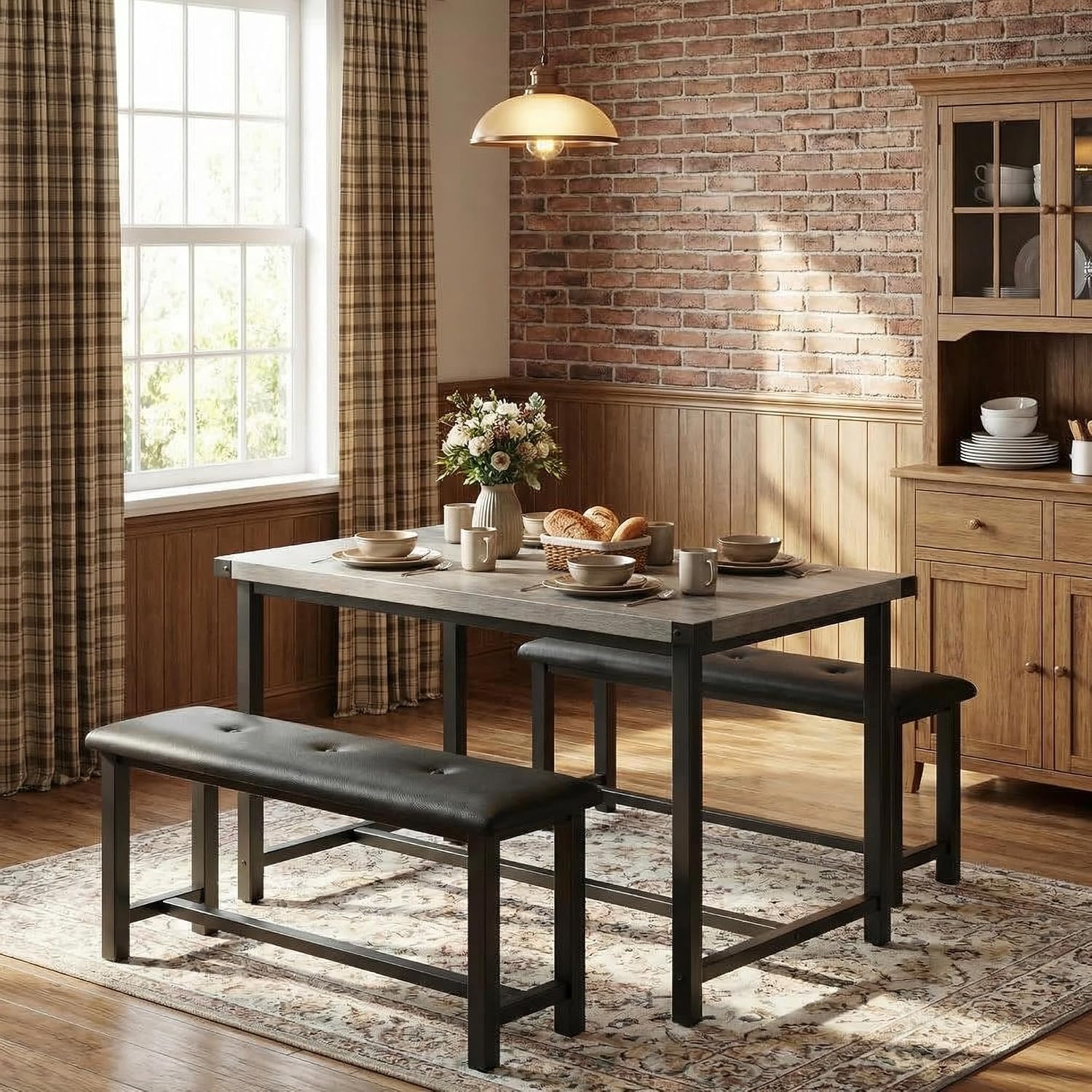 GAOMON Dining Table Set for 4, Kitchen Table with 2 Upholstered Benches, 3 Piece Dining Room Table Set, Rectangular Space Saving Kitchen Table Set for Apartment, Studio, Home, Rustic Gray