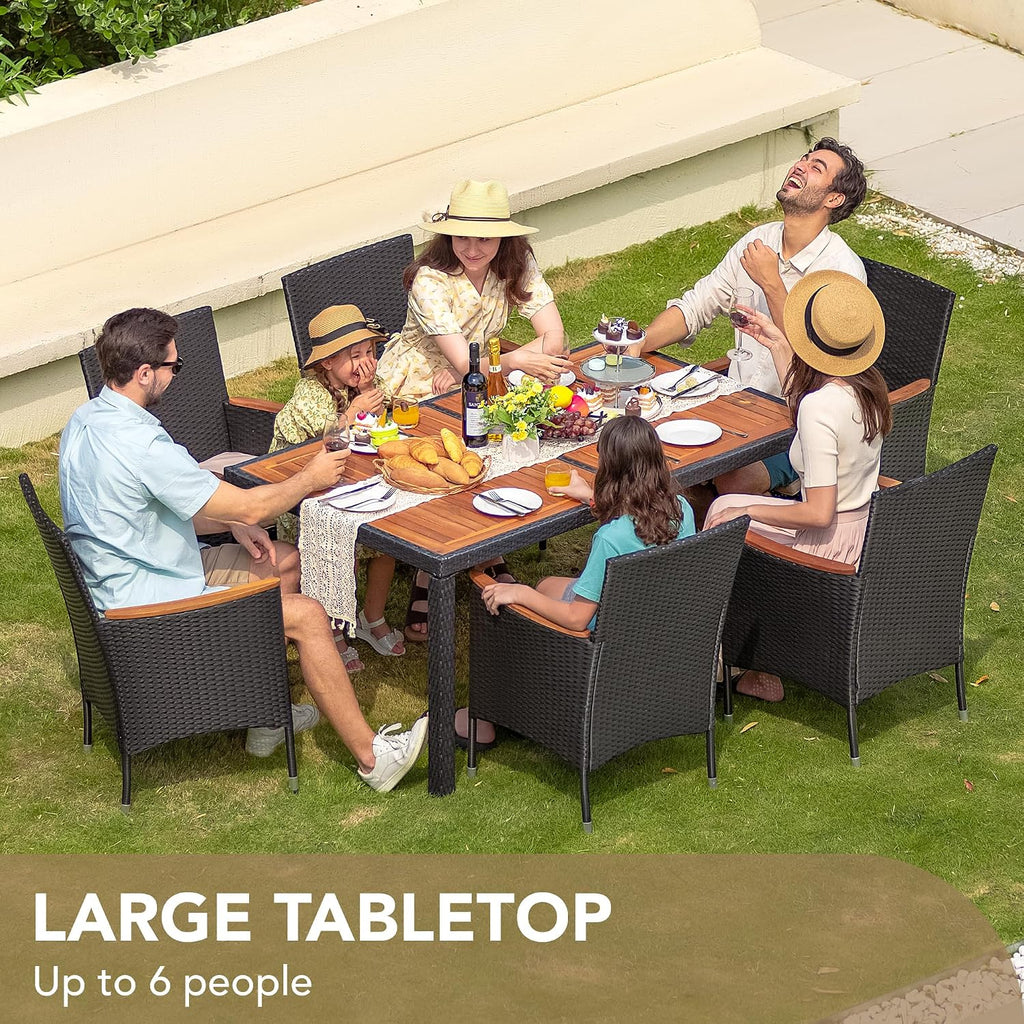 Devoko 7 PCS Acacia Wood Patio Dining Set, Black Rattan