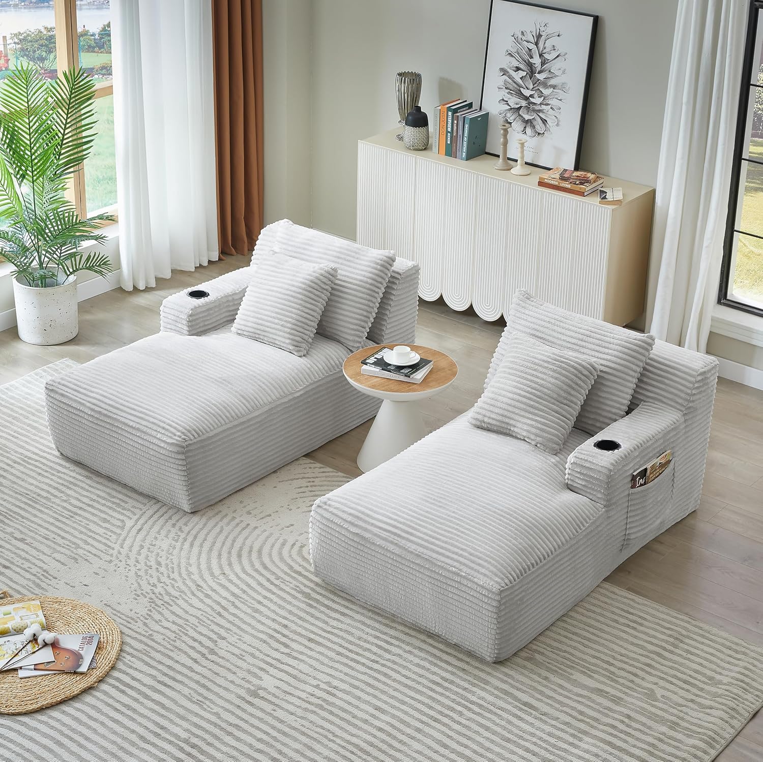 Eafurn Oversized Double Chaise Lounge Indoor with Cup Holders & Side Pocket, 71" Plush Corduroy Floor Chaise Lounge Sofa with High Density Sponge & Deep High Seat Comfy Sleeper Couch Bed