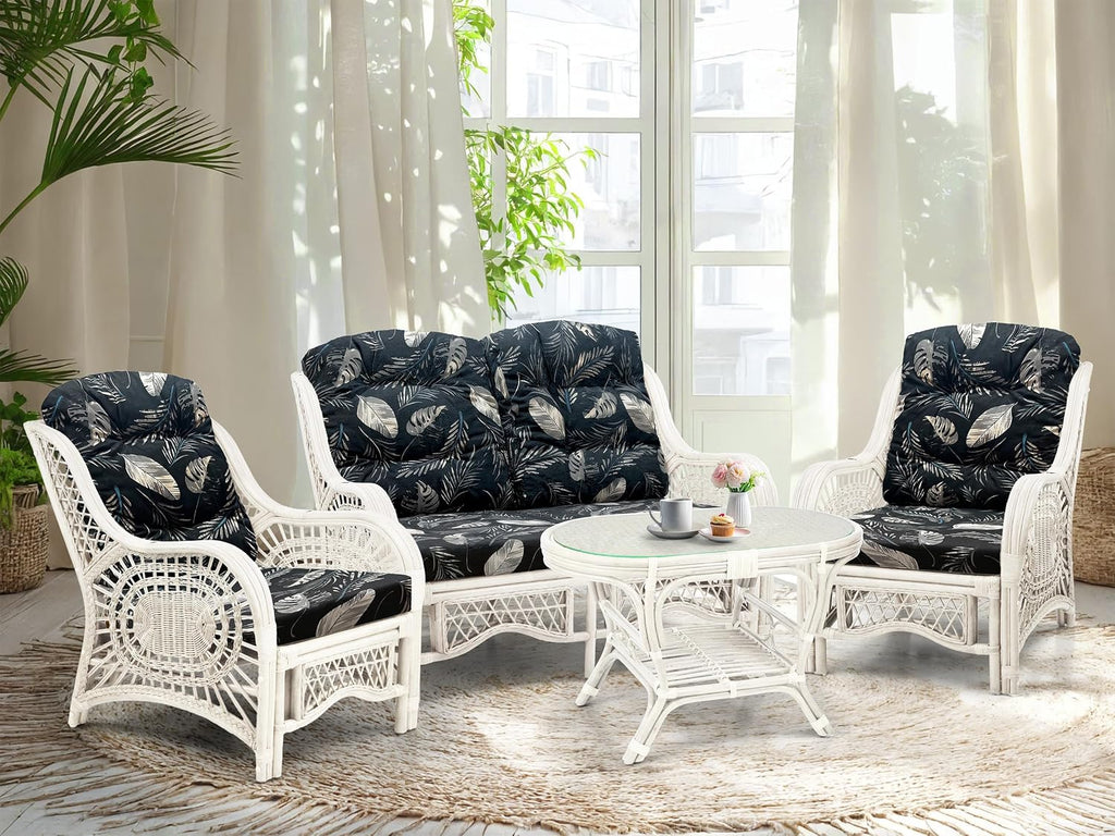 Malibu Lounge Loveseat Sofa Natural Rattan Wicker Handmade Design, White Color with Black Leaf Cushions