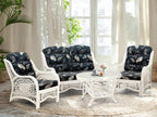 Malibu Lounge Loveseat Sofa Natural Rattan Wicker Handmade Design, White Color with Black Leaf Cushions