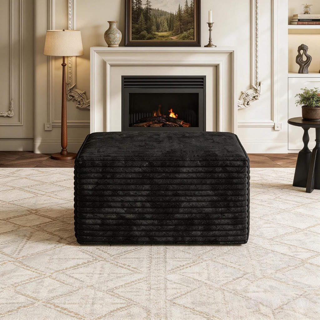 JINGLING 25.6 Inch Plush Corduroy Ottoman, Modular Sectional Foot Rest for Living Room, Upholstered Cloud Ottoman for Couch in a Box, Compressed Memory Foam, No Assembly Require, Black