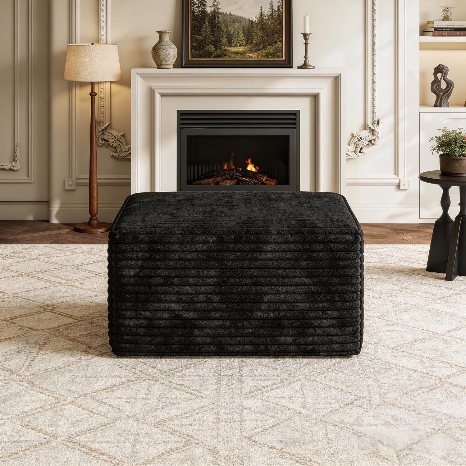 JINGLING 25.6 Inch Plush Corduroy Ottoman, Modular Sectional Foot Rest for Living Room, Upholstered Cloud Ottoman for Couch in a Box, Compressed Memory Foam, No Assembly Require, Black
