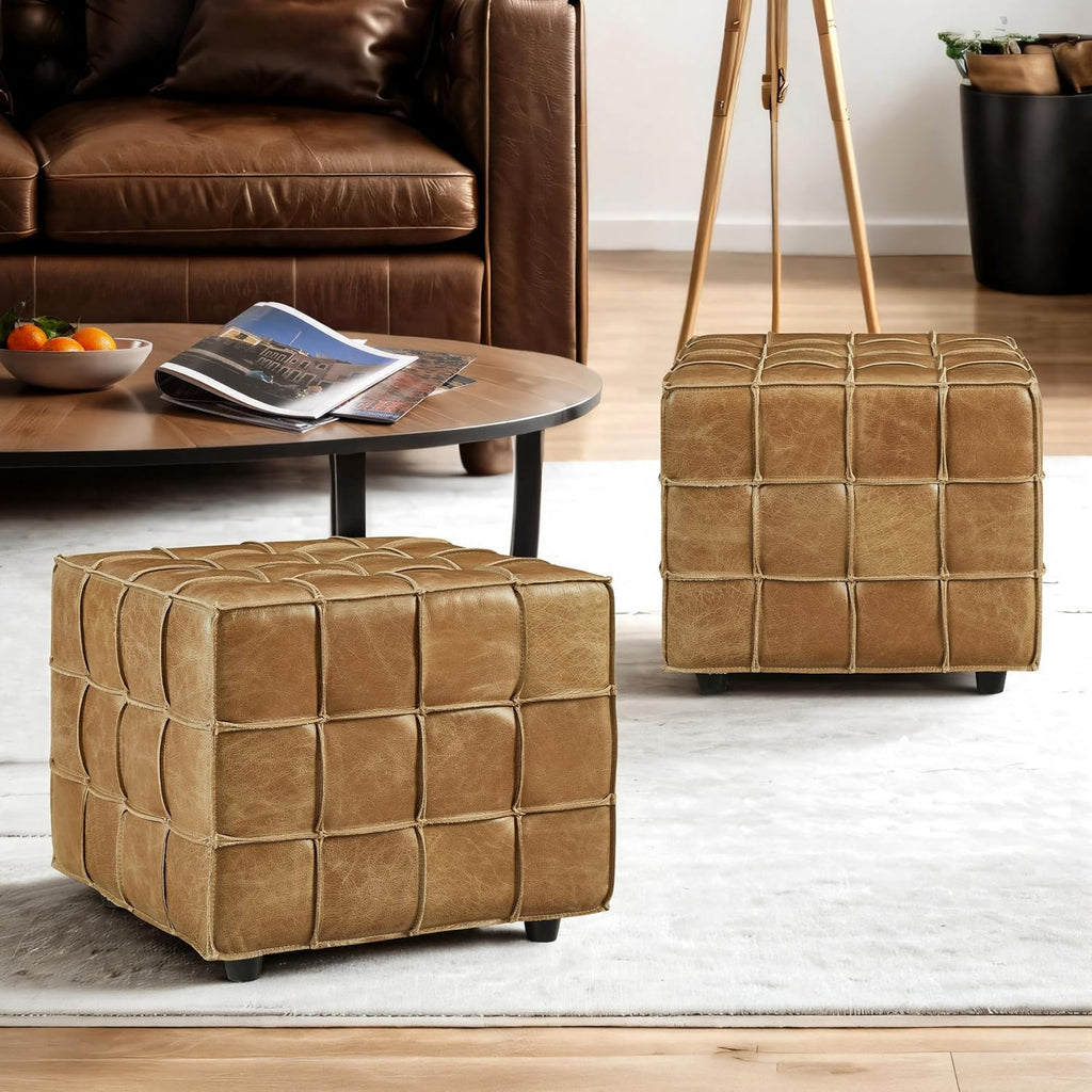 Art Leon Tufted Square Ottoman Leather Footstool Foot Rest Light Brown | Biscuit Tuftinghigh-Density Foamsolid Wood Frame Non-Slip Feet Footrest Extra Seat Seat Living Room Furniture