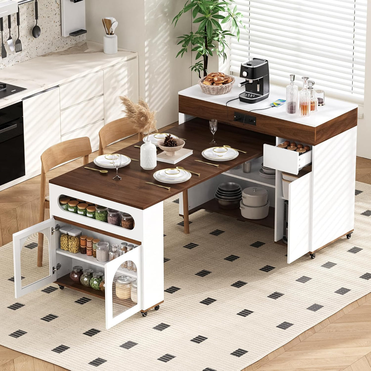 Extendable Dining Table with Extra-Long Folding Top, Rolling Kitchen Island with Storage Cabinet, Drawer, Glass Doors, Power Outlet and Brake Lock, Walnut/Creamy White