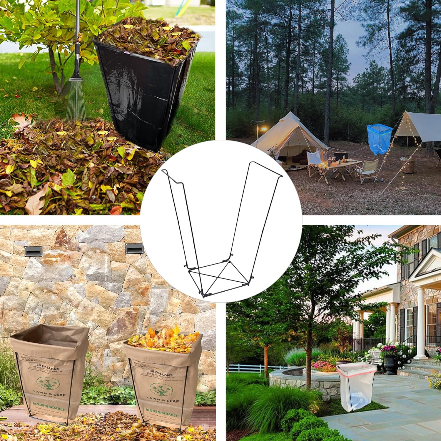 2PCS Trash Bag Holder Outdoor Leaf Bag Support Stand with 15 PCS 39 Gallon trash bags | Metal Garbage Bag Frame Holder for 30-45 Gallons Bags for Camping, Leaves, Gardening Parties