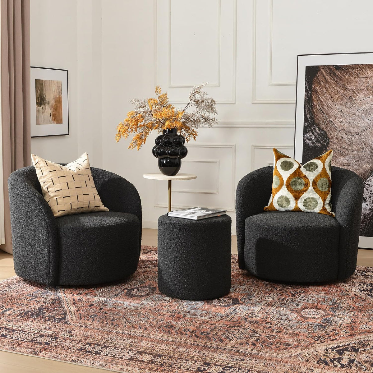 KINWELL 34" W Swivel Barrel Chair Set of 2, Mid Century Modern Round Upholstered Boucle Swivel Accent Chairs, No Assembly Sofa Chair for Living Room Bedroom Reading, Black