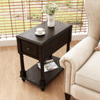 Set of 2 Narrow Open End Table with Drawer, Solid Wood Side Table 2-Tier Skinny Table with Storage Shelves Slim Nightstand Small Sofa End Table for Living Room Bedroom-Antique Black 004BK