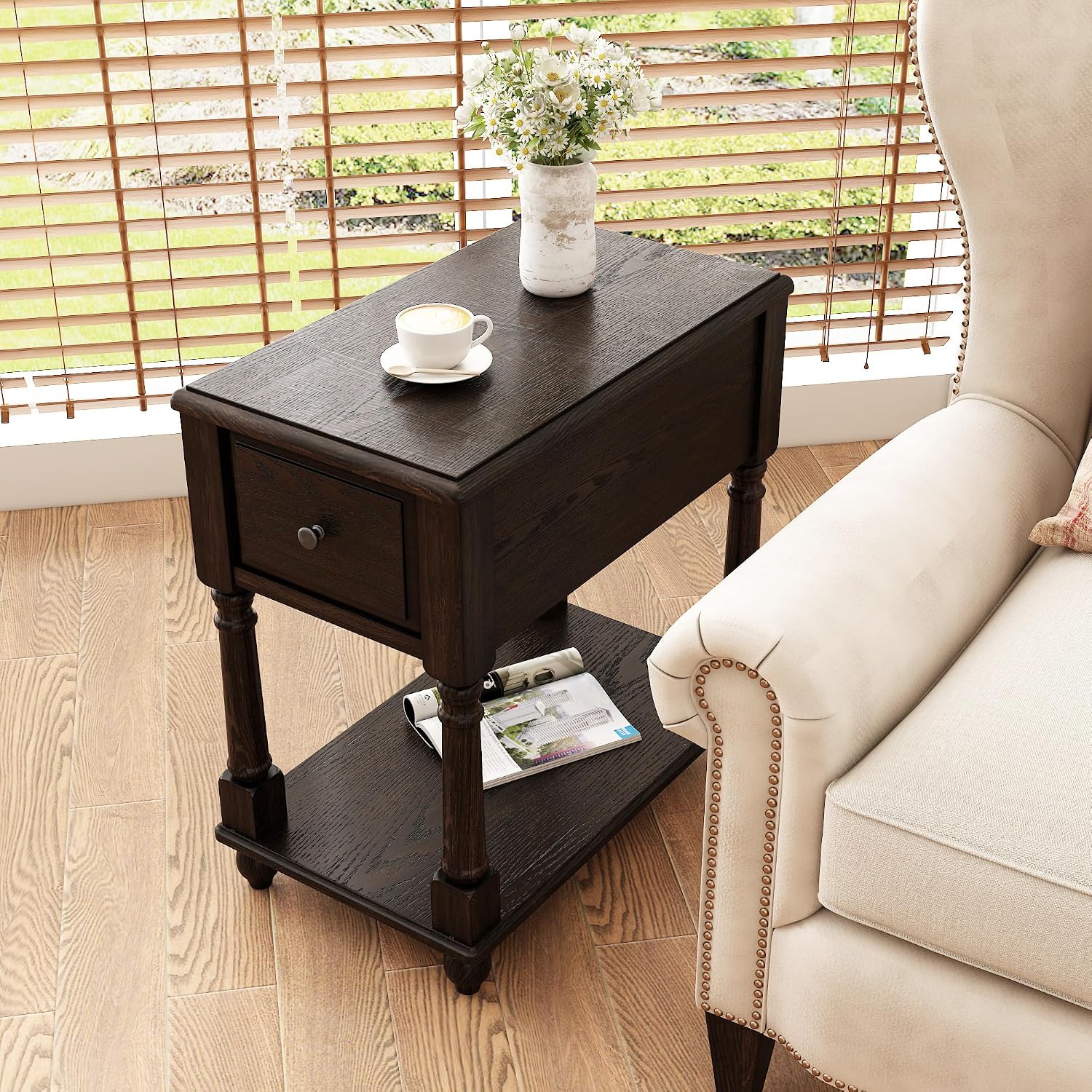 Set of 2 Narrow Open End Table with Drawer, Solid Wood Side Table 2-Tier Skinny Table with Storage Shelves Slim Nightstand Small Sofa End Table for Living Room Bedroom-Antique Black 004BK