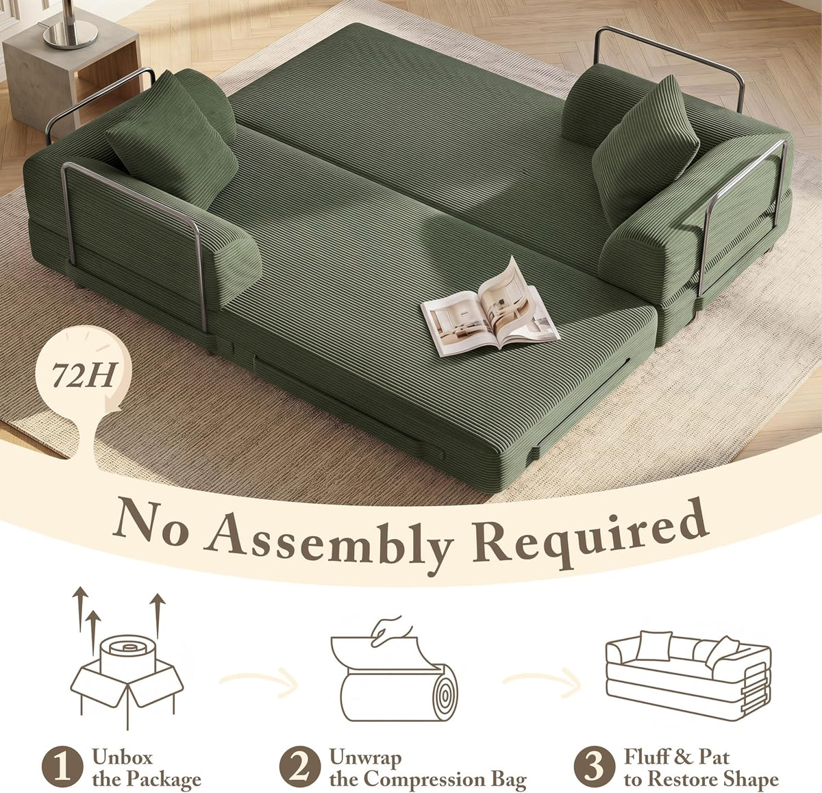 Cloud Couch Futon Sofa Bed, 5-in-1 Convertible Sofa Bed Pull Out Couch Sleeper Sofa Compressed Loveseat, 70" High-Density Sponge & Corduroy Fabric Futon Daybed for Living Room Bedroom(Green)