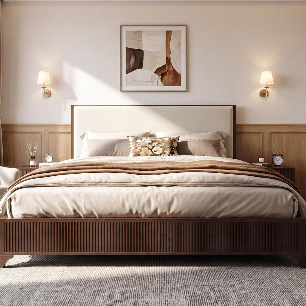 King Size Wood Platform Bed with Fluted Footboard & Fabric Upholstered Headboard, Low Profile Wooden Bed Frame with Wood Slats Support, Dark Walnut,White