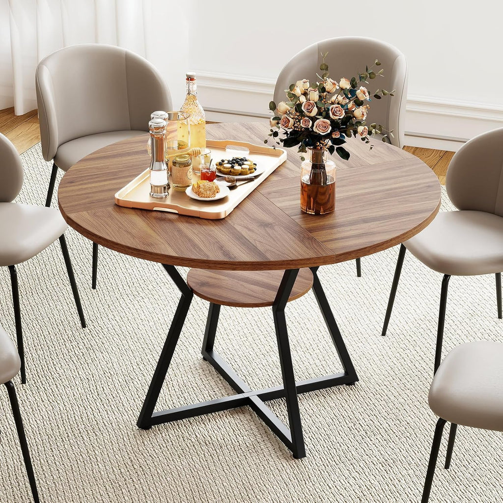 Giantex 47-inches Round Dining Table for 4, Kitchen Table with Storage Shelf, Wood Grain Tabletop, X-Shaped Metal Base, Adjustable Foot Pads, Circle Dinner Tables for Dinette, Living Room