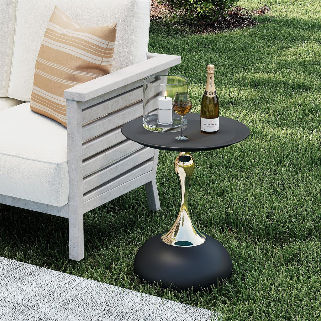 Metal Round End Table,Modern Pedestal Table,Corner Drink Tables,Accent Side Table Nightstand for Living Room,Patio and bar (Black-Gold)