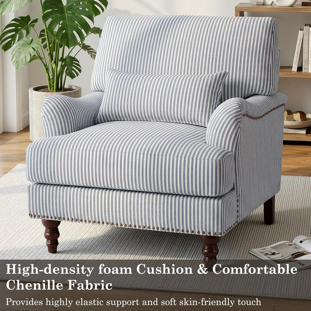 Accent Chairs Set of 2, Upholstered Armchair with Nailhead Trim & Solid Wood Legs, Mid Century Modern Club Chair for Living Room/Bedroom/Reading Room, Pinstripe Blue
