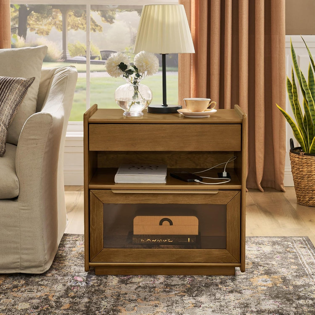 Mid Century Modern Nightstand with Charging Station & Outlet Hole & 2 Drawers, Farmhouse End Table with Open Shelf & Glass Drawer Dresser, Side Cabinet for Living Room,for Small Spaces