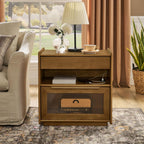 Mid Century Modern Nightstand with Charging Station & Outlet Hole & 2 Drawers, Farmhouse End Table with Open Shelf & Glass Drawer Dresser, Side Cabinet for Living Room,for Small Spaces