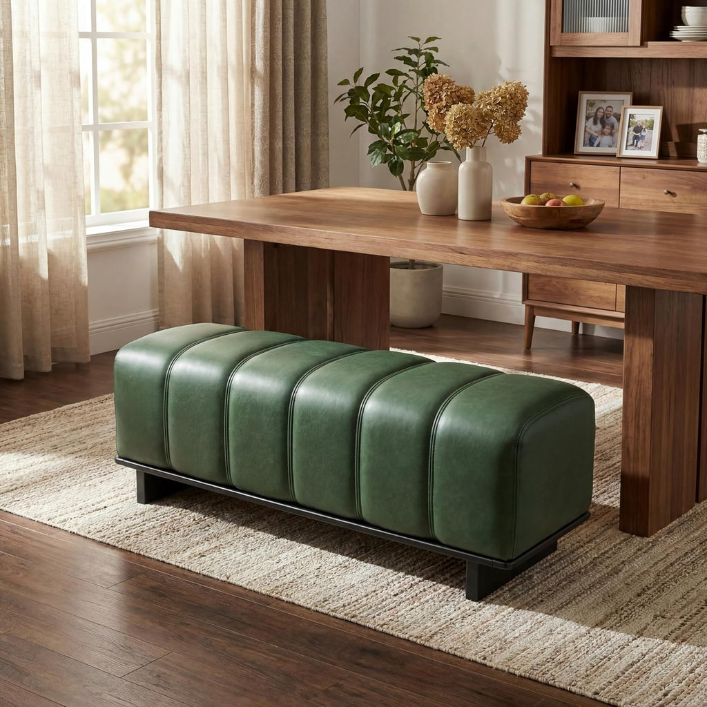 Christopher Knight Home Lamie 49.13" Faux Leather Upholstered Dining Bench, Wooden Entryway Bench, Long Sofa Footstool for Living Room, Bedroom End of Bed Bench, Green+Black