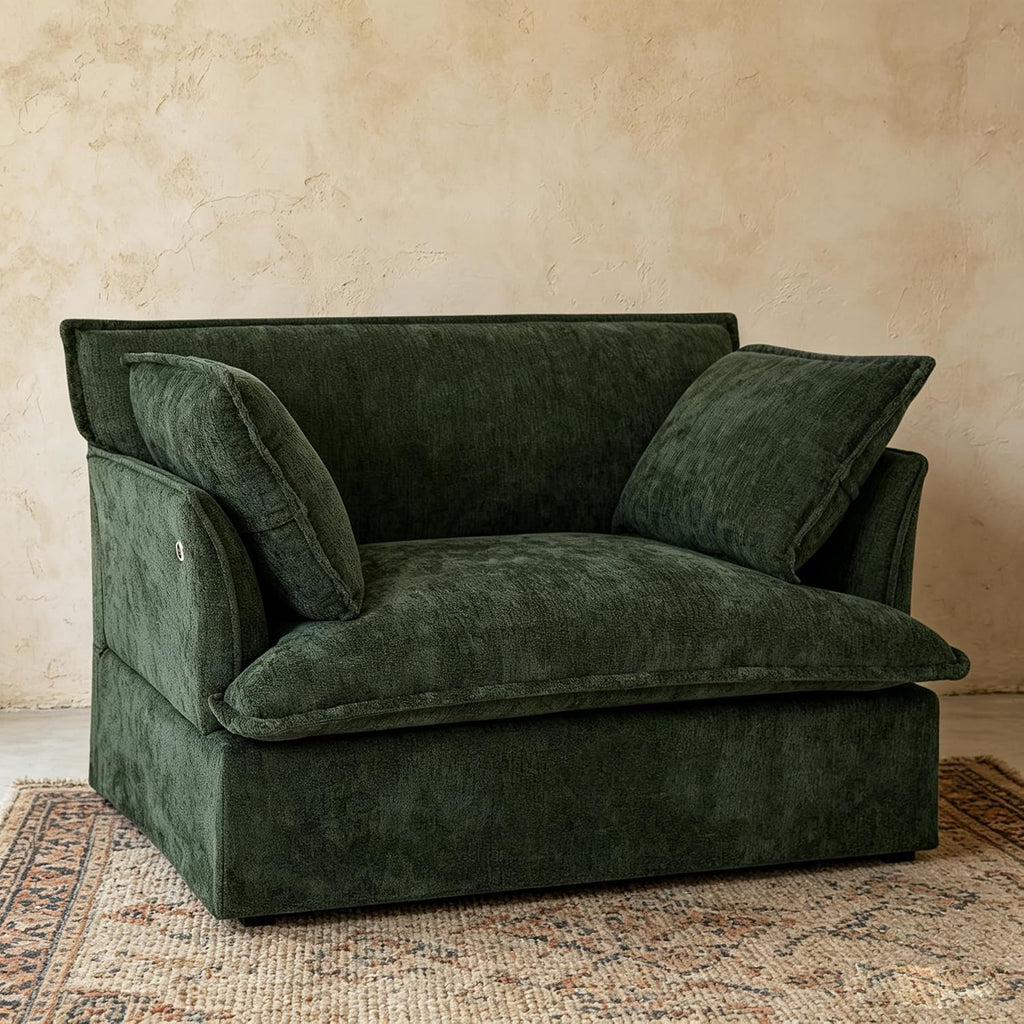 ERYE 47" Chenille Upholstered Accent Chair Wide Seat Armchair for Living Room Bedroom, Modern Upholstered Armchair W/ 2 Pillows and USB-C Ports for Home Apartment Office