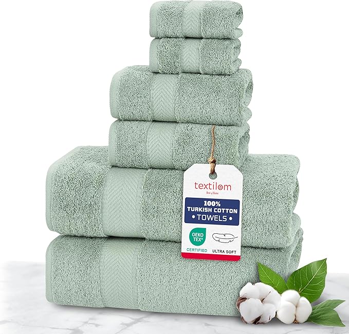 TEXTILOM 100% Turkish Cotton 6 Pcs Luxury Bath Towels, Soft & Absorbent Bathroom Towels Set (2 Bath Towel, 2 Hand Towel, 2 Washcloths)- Green