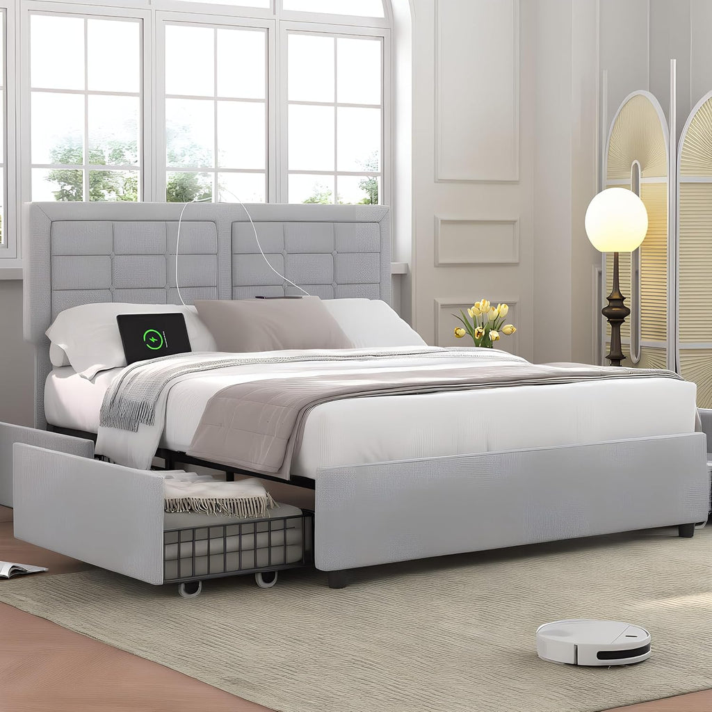 VECELO Full Size Bed Frame with 4 Drawers, Adjustable Tufted Button Headboard, Upholstered Platform with Wood Slats Support, Built-in USB and Type C Ports, Light Gray